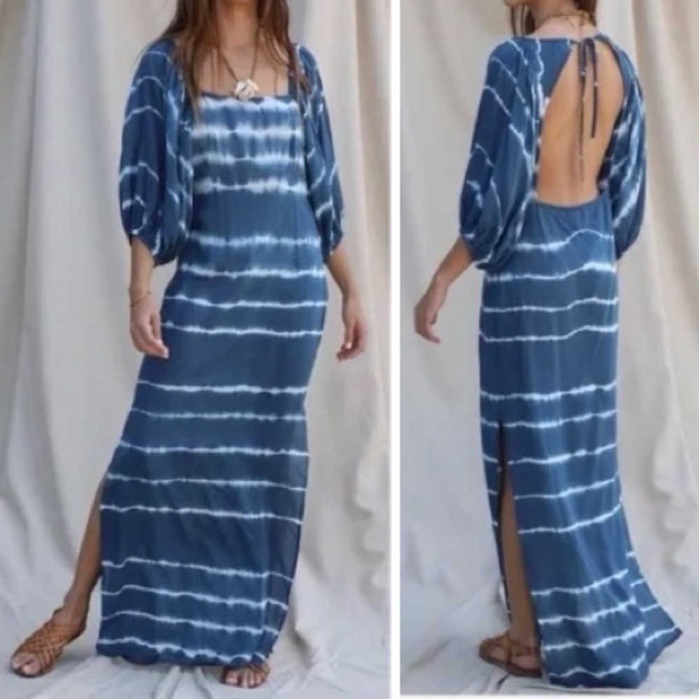 Jen's Pirate Booty Tropics Blue Tie Dye Maxi Dress XS Open Back Boho Slit Rayon